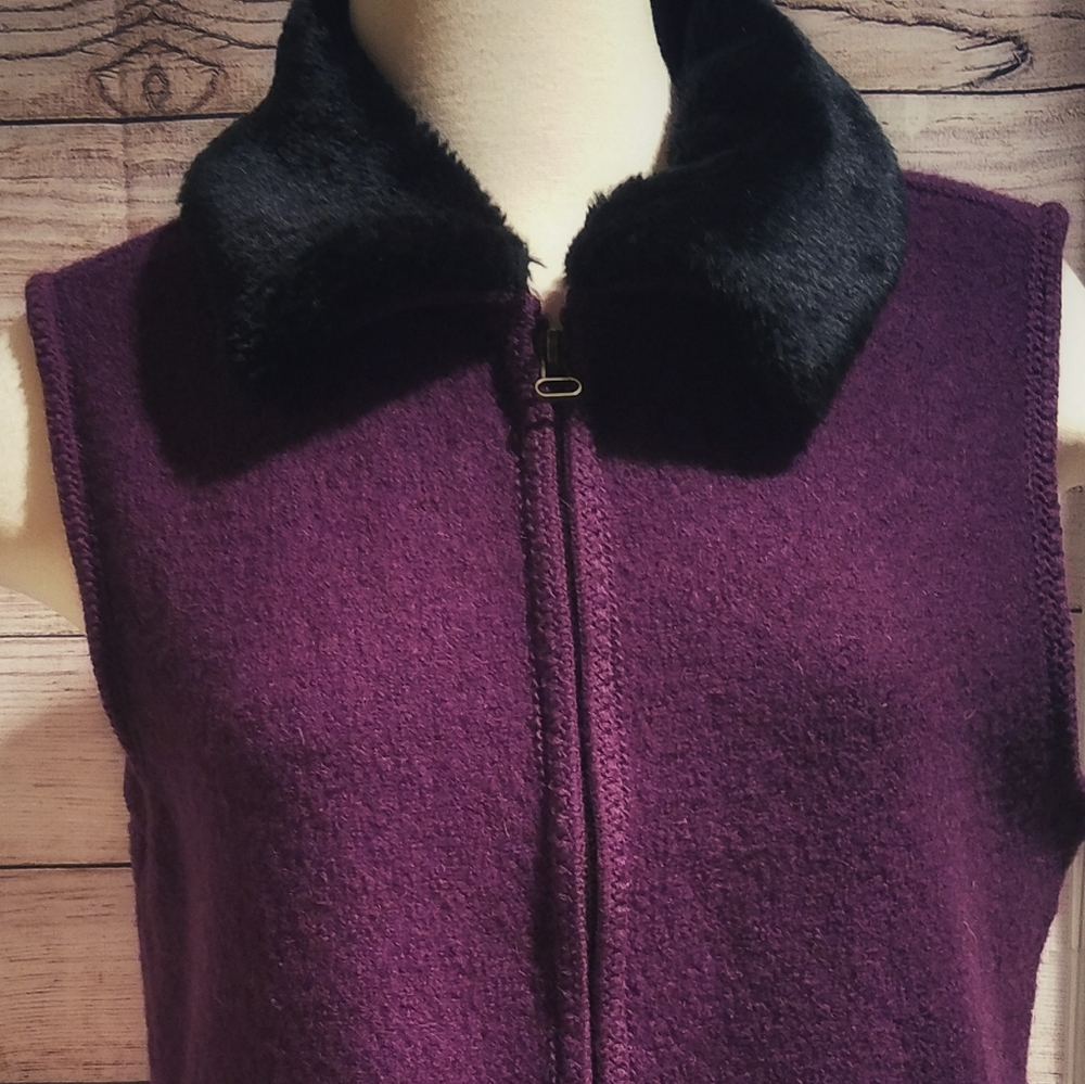 Purple wool vest with black  faux fur collar. MED.